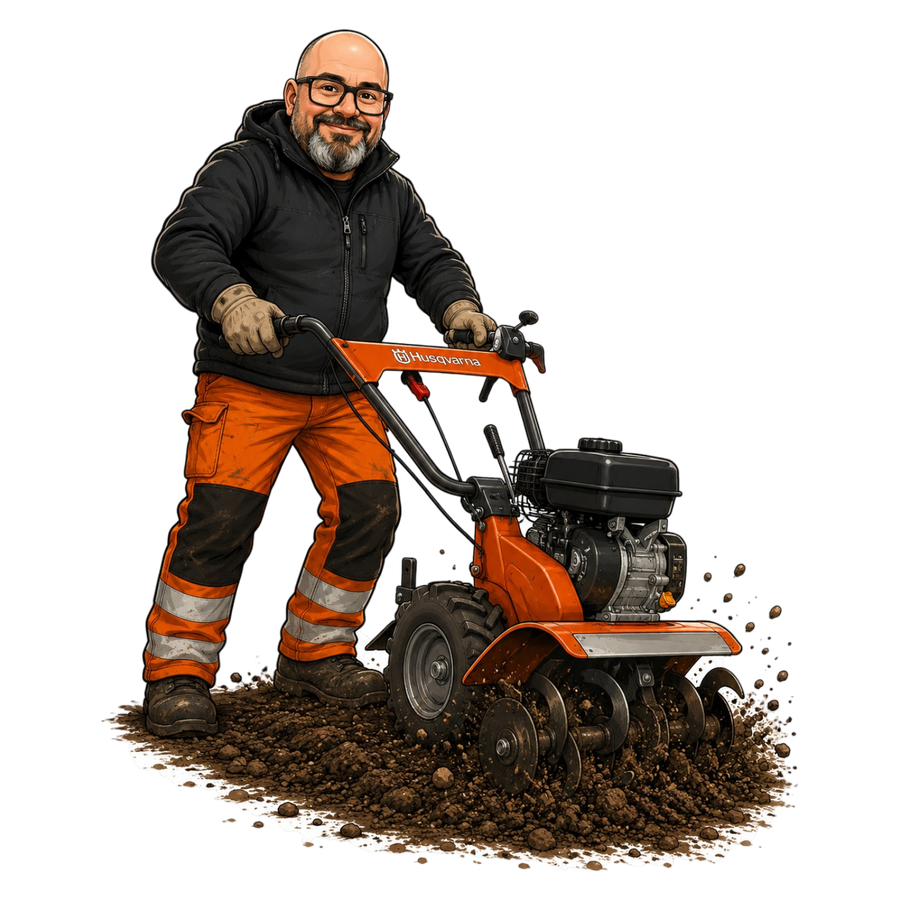 Lej havefræser i Horsens – Husqvarna TR 348 jordfræser til ny græsplæne og køkkenhave